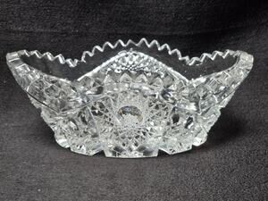 Vintage Imperial Nucut Hobstar & Fan Glass Lead Crystal Oval Dish Sawtooth Edge
